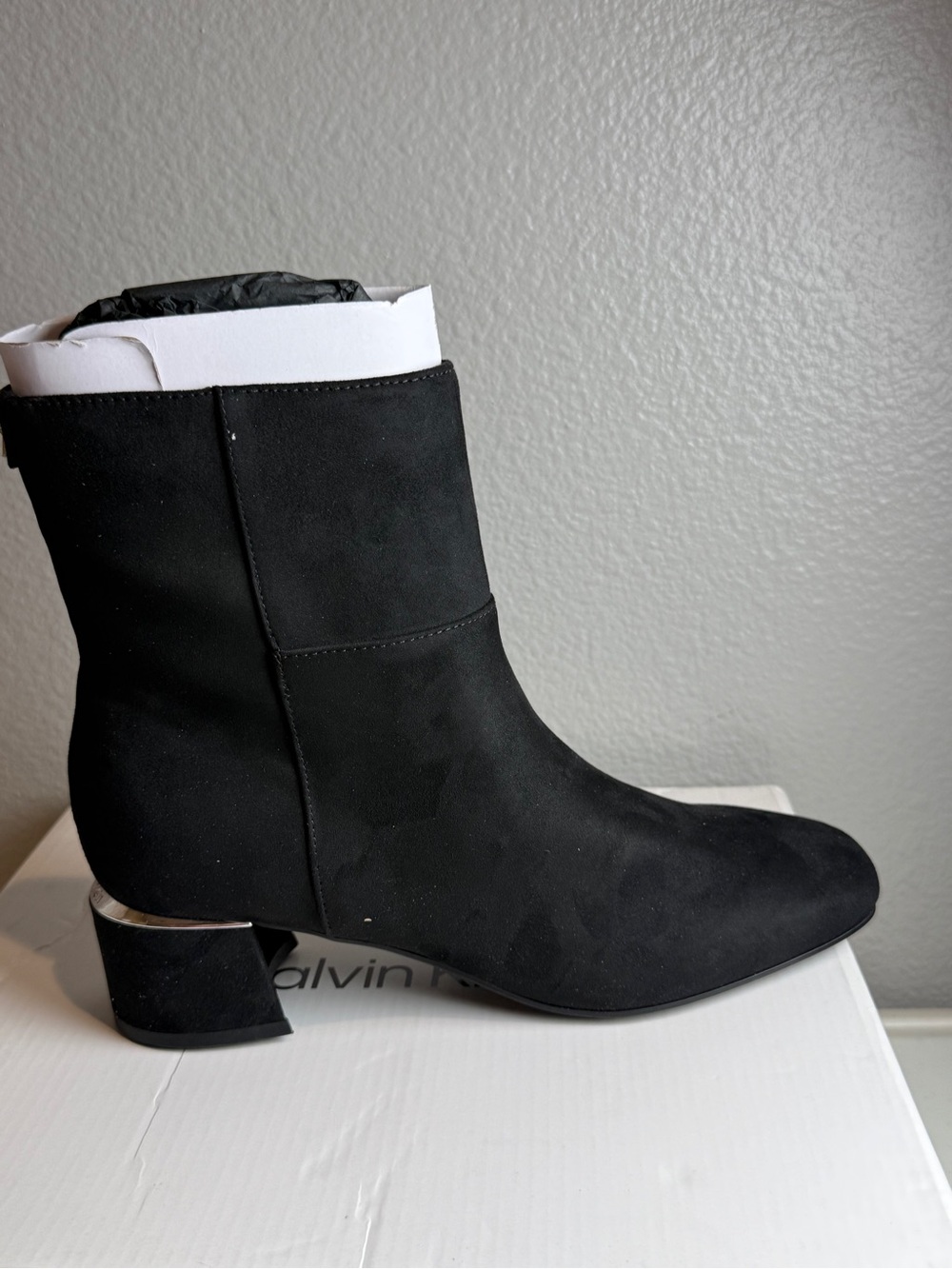 Calvin Klein Black Suede Mid-Heel Ankle Boots